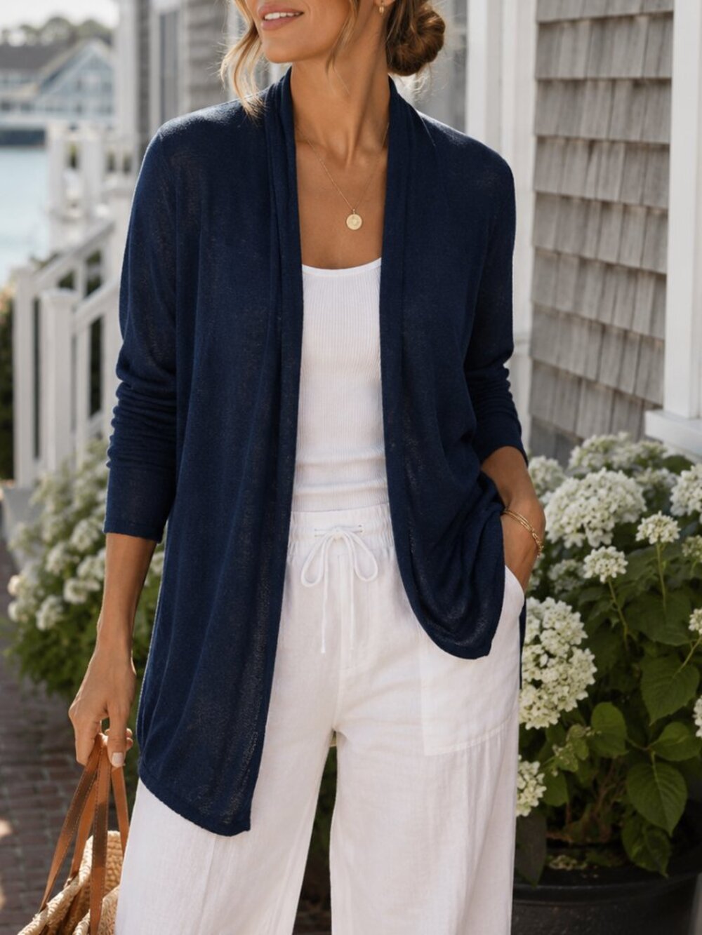 Rachel Zoe 100% Linen Open Front Cardigan Navy Blue Lightweight Sweater S